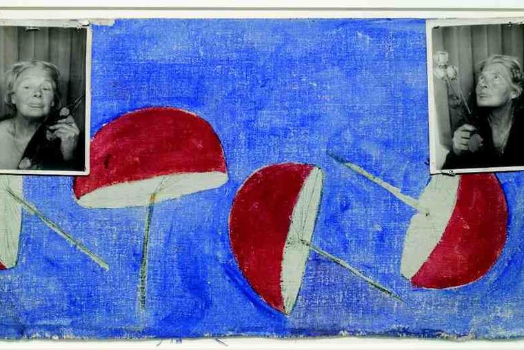 "Untitled (Mushrooms)," a work in watercolor, ink, and photographs on canvas by Lee Godie, is part of the "Off Camera" exhibit at Fleisher/Ollman Gallery. The work of 17 artists is displayed.