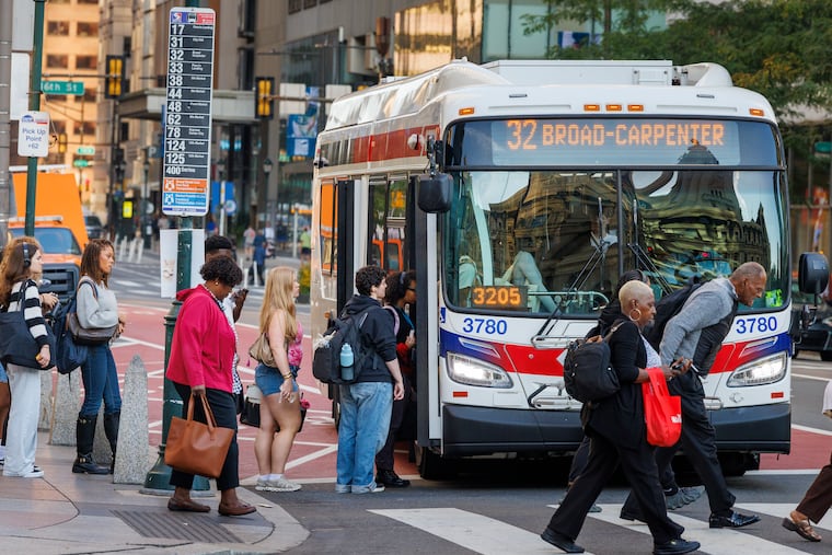 Overcrowding has slowed bus trips and left thousands of people behind at stops during SEPTA's two weeks of reduced service. Here, a Route 32 bus on Market Street on Sept. 3.