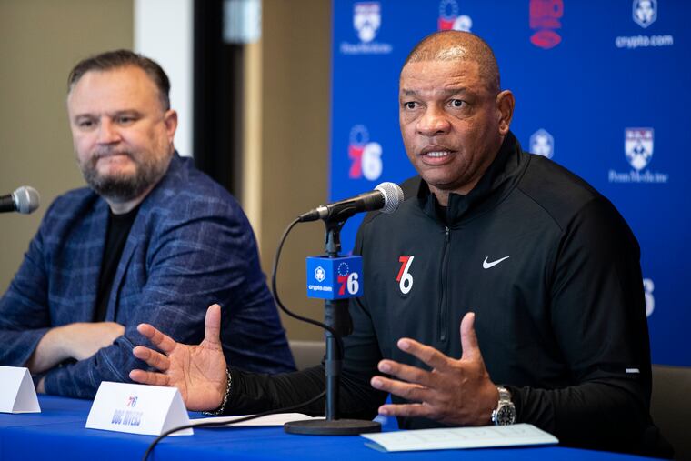 Daryl Morey (left), Sixers president of basketball operations, and former coach Doc Rivers speaking with reporters in September 2022.