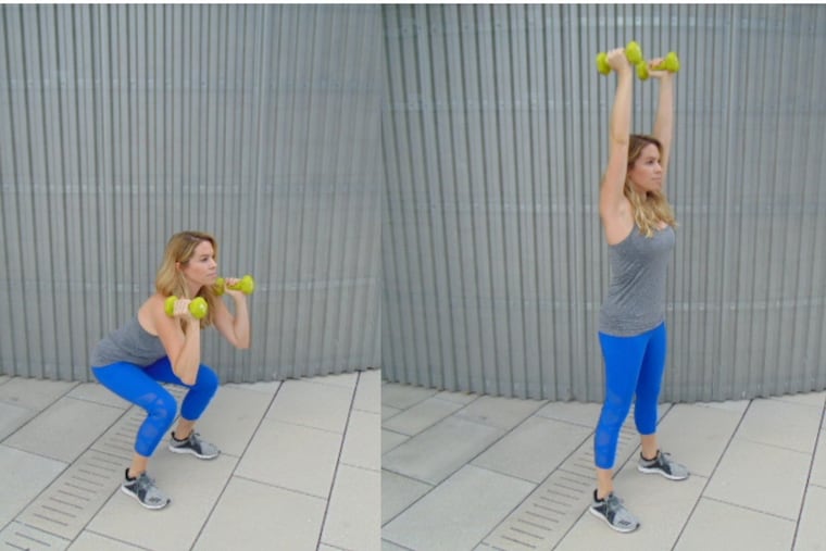Demonstrating a squat press.