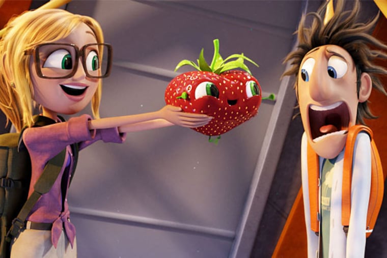 Sam Sparks (voiced by Anna Faris), Barry the Strawberry (voiced by Cody Cameron), and Flint Lockwood (voiced by Bill Hader) in a scene from "Cloudy with a Chance of Meatballs."