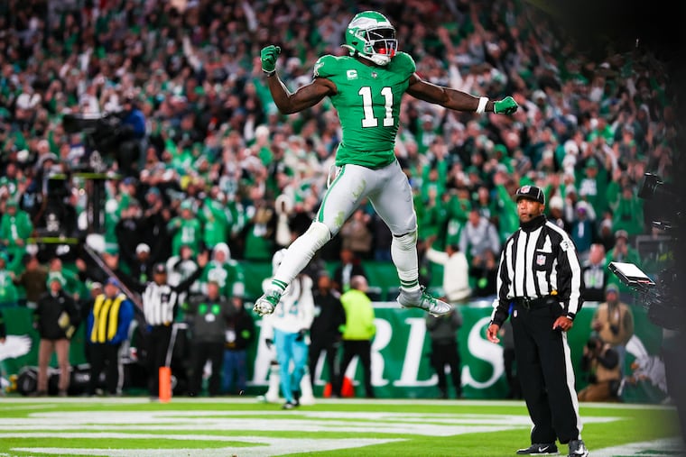 Eagles wide receiver A.J. Brown leaps into the air after a touchdown in the second half against Miami at Lincoln Financial Field.