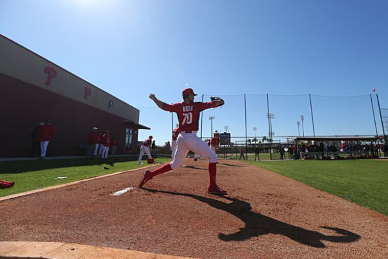 Jesse Biddle throws at Bright House Field in Clearwater Florida for Spring Training February 19, 2015. (David Swanson/Staff Photographer)