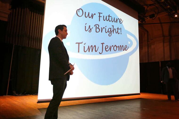 Timothy Jerome of Sponsor-a-scholar, which pairs high school students with mentors, speaking at the Philadelphia Futures conference Saturday at Drexel. By expanding its services, Philadelphia Futures has seen a jump in graduation rates among its students.