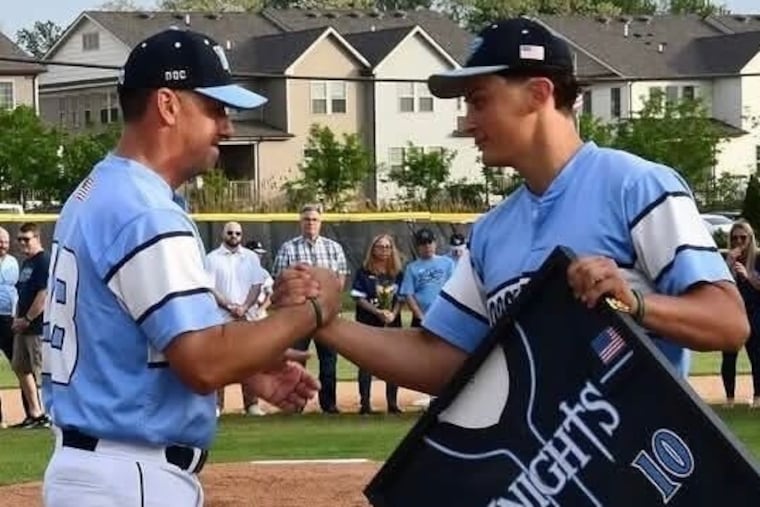 North Penn coach Kevin Manero with pitcher Caleb Price.