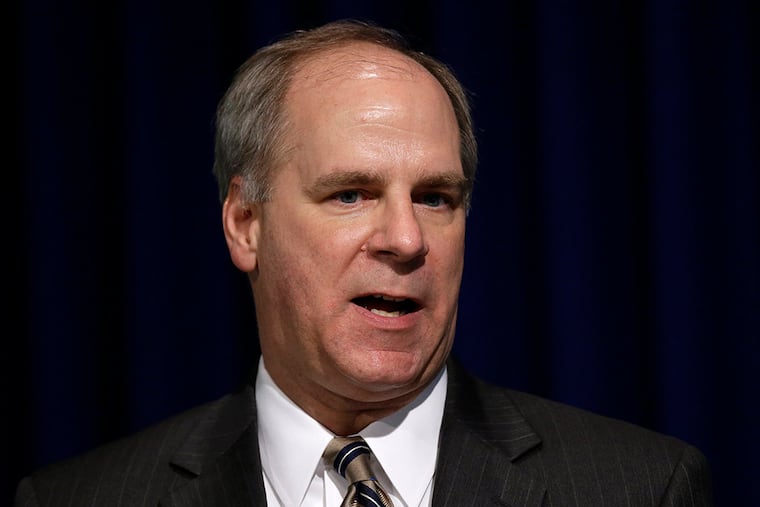 FILE - In this Feb. 5, 2013 file photo Pennsylvania Secretary of Education Ron Tomalis speaks during a news conference after Gov. Tom Corbett delivered his budget proposal for the fiscal year 2013-2014 to a joint session of the Pennsylvania House and Senate in Harrisburg, Pa. The former state education secretary who stayed on as a senior adviser Corbett quit Tuesday, Aug. 12, 2014, more than two weeks after a newspaper raised questions about his duties and work schedule. Tomalis' resignation letter said he has been exploring new opportunities and that his departure was in the administration's best interests. His last day as Corbett's special adviser on higher education will be Aug. 26, 2014. (AP Photo/Matt Rourke, File)