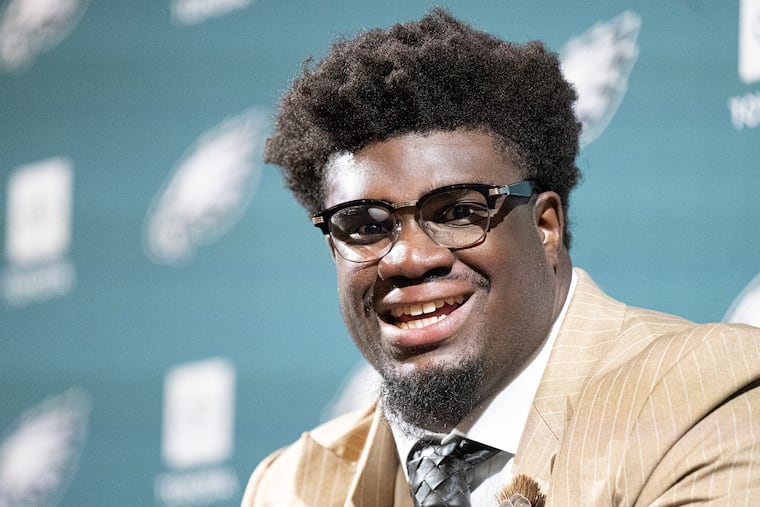 Eagles defensive tackle Jordan Davis speaking during a news conference about his new contract valued at $78 million.