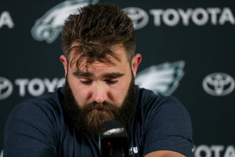 Eagles’ center Jason Kelce becomes emotional as he talks about his parade speech during a press conference on Tuesday.