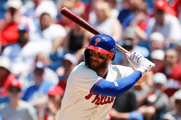 The Phillies' Bryce Harper at bat against the Los Angeles Dodgers on Sunday in Philadelphia.