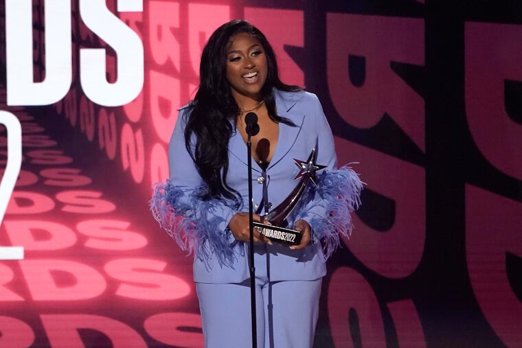 Jazmine Sullivan accepts the award for best female R&B/pop artist at the BET Awards on Sunday, June 26, 2022, at the Microsoft Theater in Los Angeles.