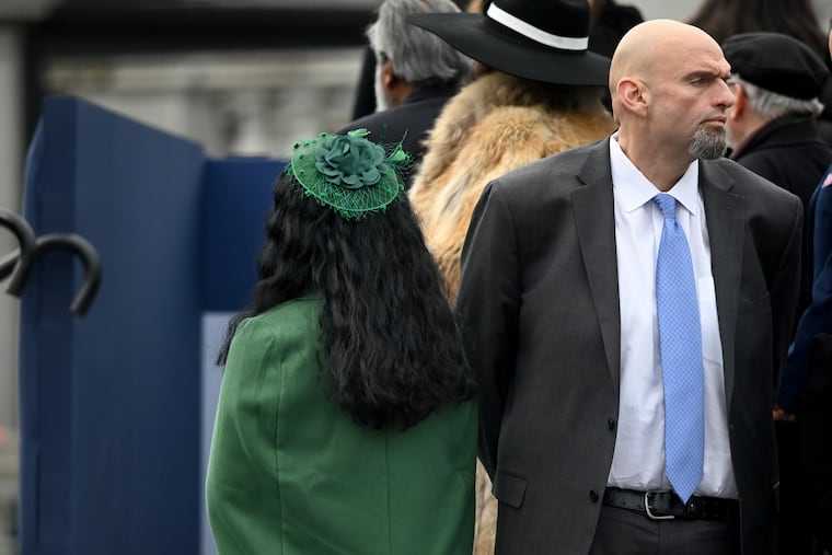 U.S. Sen. John Fetterman and his wife, Gisele, backstage while attending the inauguration ceremony for Gov. Josh Shapiro at the state Capitol in Harrisburg on Jan. 17.