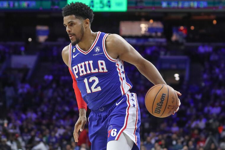 Tobias Harris dribbles the ball during a game against the Mavs at the Wells Fargo Center in Philadelphia on March 29, 2023.