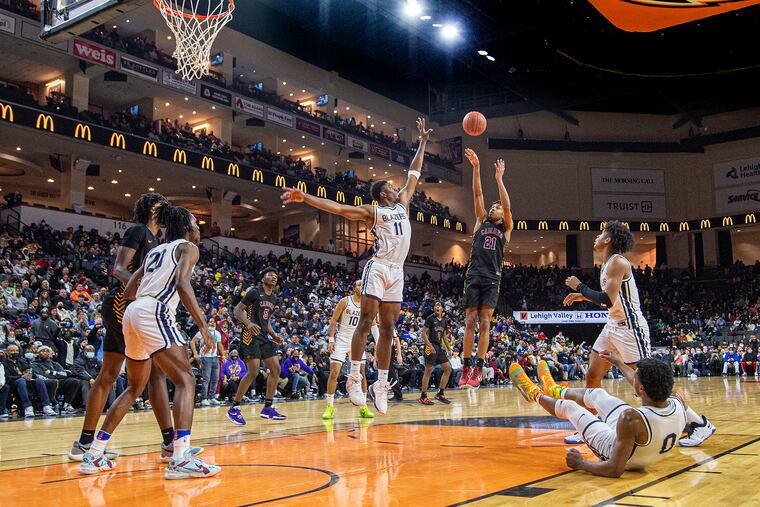 Camden's D.J. Wagner shoots over Sierra Canyon players during the second half of the game at PPL Center, Allentown, Pa. Saturday, January 29, 2022