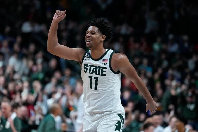Michigan State guard A.J. Hoggard (11) celebrates in the NCAA Tournament.
