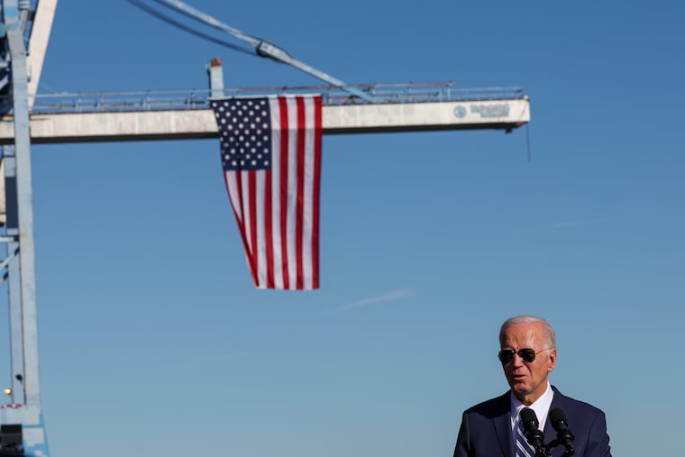 President Joe Biden delivers an address at PhilaPort Tioga Marine Terminal in Philadelphia on Oct. 13, 2023.