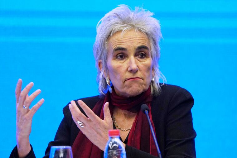 In this Feb. 9 photo, Marion Koopmans of the World Health Organization team speaks during a joint press conference held at the end of the WHO mission in Wuhan in central China's Hubei province.