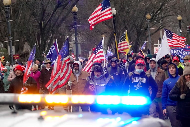 Thousands of Trump supporters march toward the U.S. Capitol in Washington on Jan. 6, 2021.