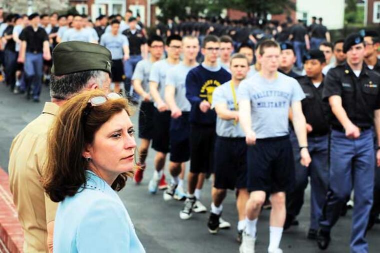 Stacey Sauchuk, 53, reviews the Corps of Valley Forge Military Academy and College after it was announced April 10, 2013 that she would become the next president of the academy. Sauchuk, a veteran area educator, will be the first female civilian to lead the college. ( CLEM MURRAY / Staff Photographer )