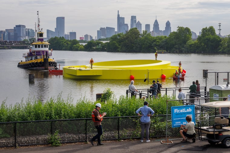 FloatLab arrived at Bartram’s Garden in Southwest Philadelphia on Wednesday, June 10, 2026. FloatLab’s circular platform will rise and fall with the rhythm of the tidal Schuylkill River.