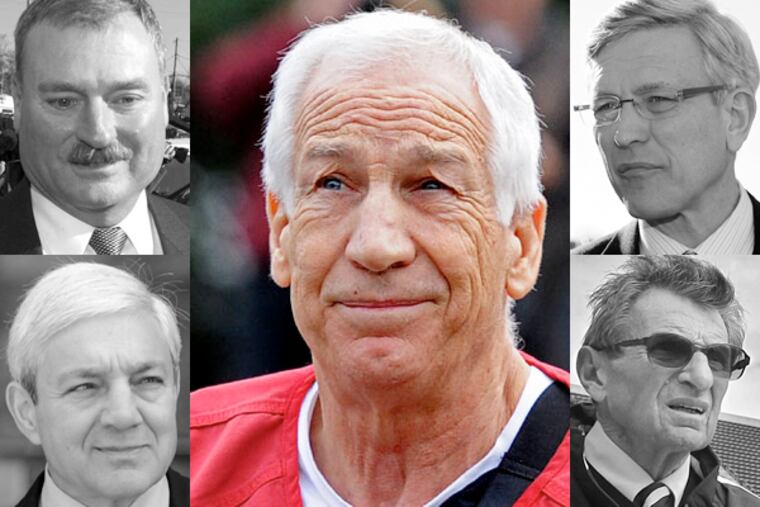 The Freeh report, released in July 2012, Penn State former administrators Gary Schultz (top left) and Tim Curley (top right), president Graham Spanier (bottom left), and the late football coach Joe Paterno (bottom right) conspired to cover up allegations about Jerry Sandusky's abuse.