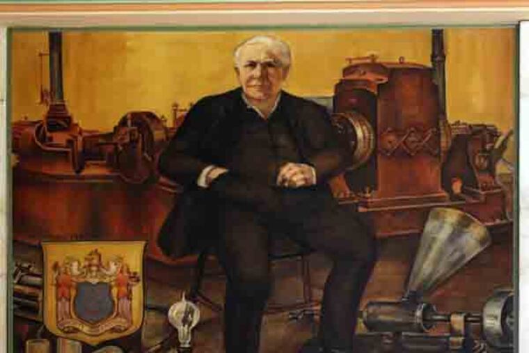 A detail of one of the murals painted by Joseph Capolino in Wating room for Courts A and B. The depict famous Americans like Thomas Edison. For more than seven decades, the business of Family Court on Logan Circle has been emotional and largely off-limits to the general public. In its courtrooms, marriages disintegrated, families separated, young truants punished. But the New Deal-era building is set to get a new life. The city set a Wednesday deadline (July 10) for bids from developers to convert the New Deal-era edifice into a "hospitality project" including a hotel. It will open up the building and its historic murals to the public. Ben Leech of the Preservation Alliance, who successfully petitioned the city to grant the Family Court historical status, will take us on a tour. 07/09/2013 ( MICHAEL BRYANT / Staff Photographer )