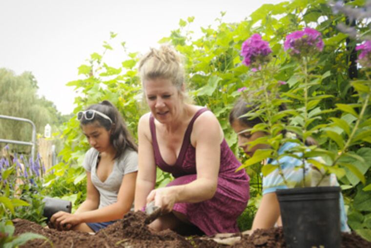 Dar Williams helps campers plant honeybee-friendly plants a Camp Onas in Ottsville, Bucks County. (Ron Tarver / Staff Photographer)