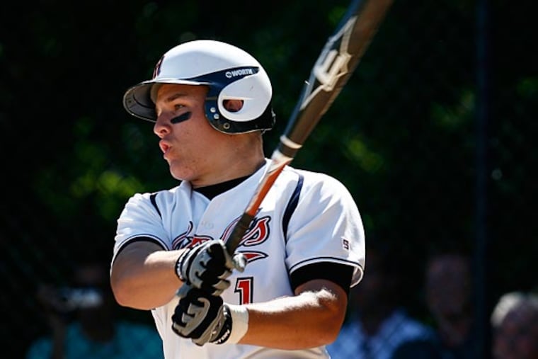 Millville's Mike Trout, a likely first round draft pick next week,
smacks a single in the first inning. (Eric Mencher/Staff Photographer)
Editor's Note: The final game of Millville's Mike Trout, a likely
first-round pick in the Major League Baseball draft next week. 6/01/09
JMARC02C