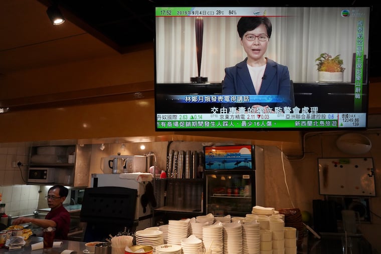 Hong Kong Chief Executive Carrie Lam, seen in a telecast, makes an announcement in Hong Kong, on Wednesday, Sept. 4, 2019. Chief Executive Lam has announced the government will formally withdraw an extradition bill that has sparked months of demonstrations in the city, bowing to one of the protesters' demands. The bill would have allowed Hong Kong residents to be sent to mainland China for trials. It sparked massive protests that have become increasingly violent and caused the airport to shut down earlier this month.