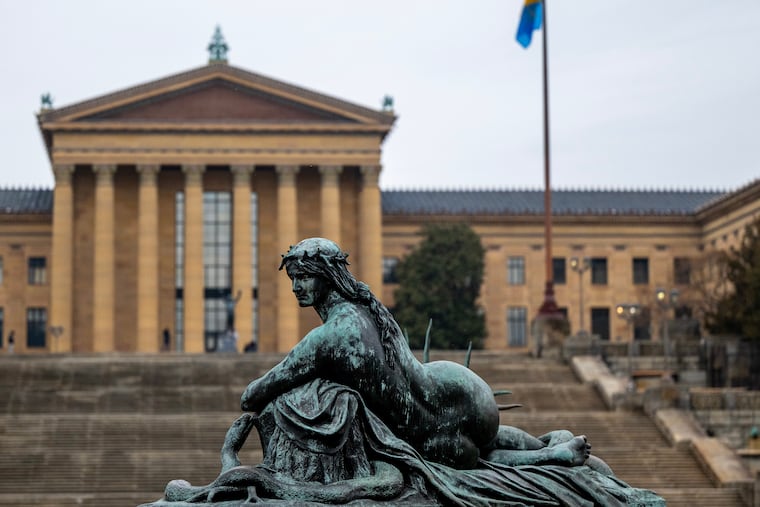 An allegorical figure on the Washington Monument by Rudolf Siemering in Eakins Oval across from the Philadelphia Museum of Art Wednesday, March 4, 2026.