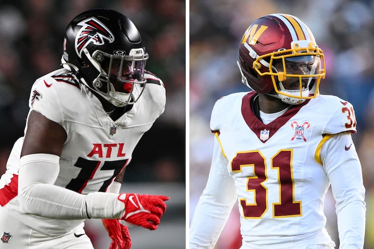 The Eagles are signing former Falcons LB Arnold Ebiketie (left) and ex-Commanders DB Jonathan Jones.