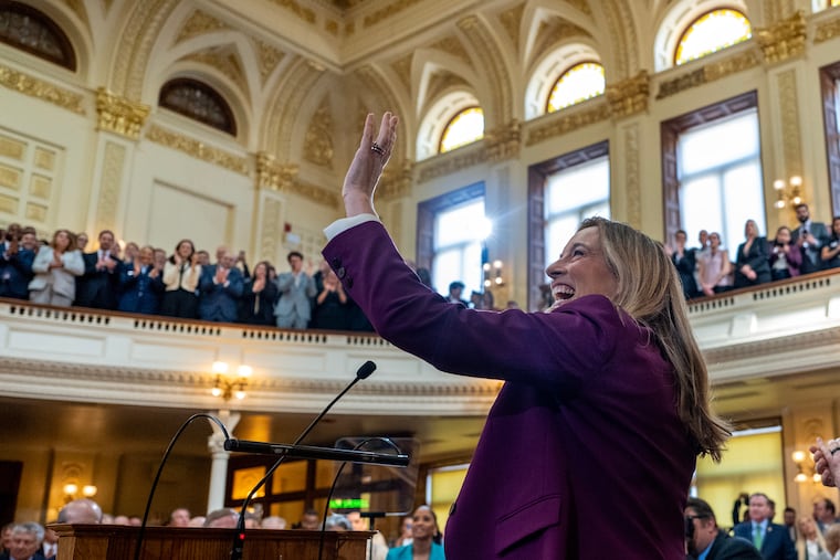 Gov. Mikie Sherrill arrives in the Assembly Chamber at the New Jersey State House to deliver her budget address Tuesday, Mar. 10, 2026.