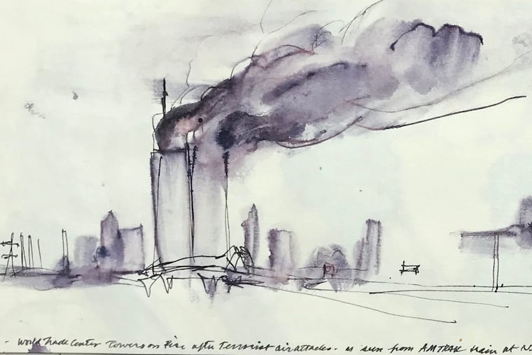 Acclaimed landscape designer Laurie D. Olin's sketches, drawn on an Amtrak train enroute to New York City from Philadelphia on Sept. 11, 2001.