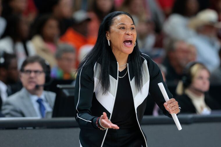 Coach Dawn Staley of South Carolina exhorts her team during a March game against UCLA in Greenville, South Carolina.