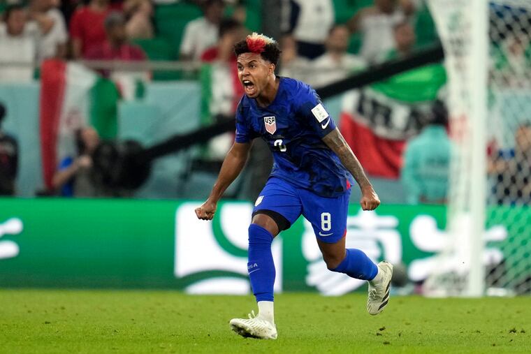 Weston McKennie of the U.S. team celebrates after Christian Pulisic scored the lone goal against Iran.