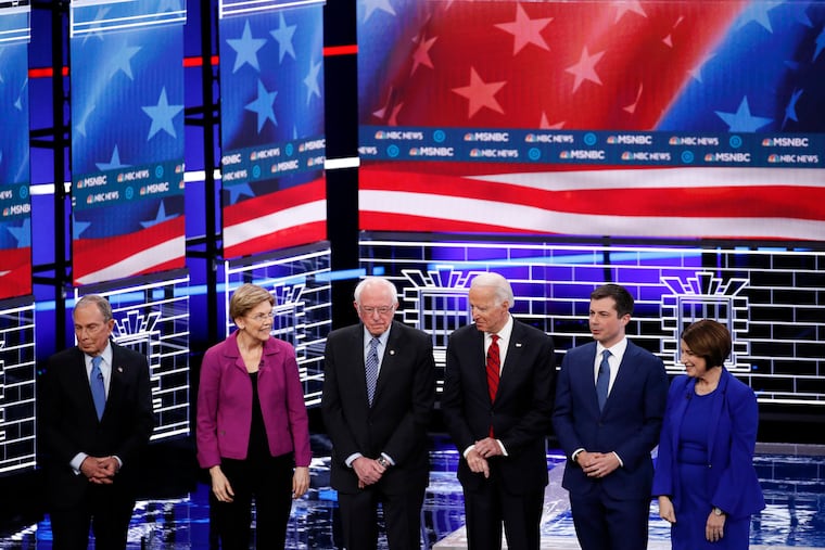 From left, former New York City Mayor Michael Bloomberg, Sen. Elizabeth Warren, Sen. Bernie Sanders, former Vice President Joe Biden, former South Bend Mayor Pete Buttigieg, and Sen. Amy Klobuchar in Las Vegas at the debate hosted by NBC News and MSNBC.