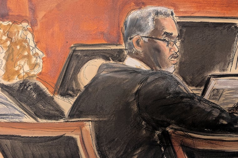 In this courtroom sketch, Sean Diddy Combs sits at the defense table before the start of jury selection at Manhattan federal court on Monday, May 5, 2025.