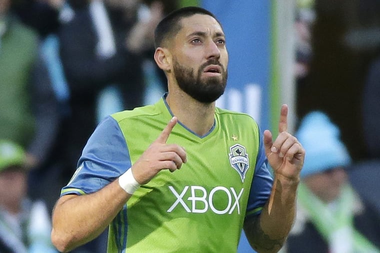 Seattle Sounders forward Clint Dempsey celebrates after he scored a goal against the New York Red Bulls during the first half of an MLS soccer match, Sunday, March 19, 2017, in Seattle.