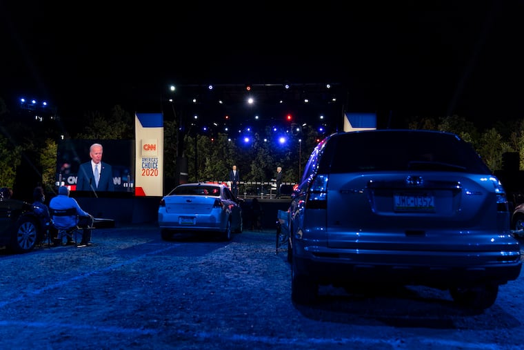 Democratic presidential candidate former Vice President Joe Biden participates in a CNN town hall moderated by CNN's Anderson Cooper in Moosic, Pa., Thursday, Sept. 17, 2020. (AP Photo/Carolyn Kaster)