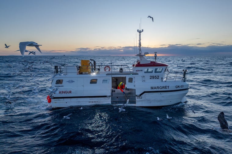 A fishing boat at work off the coast of Iceland on Feb. 11, 2026. Icelanders are bitterly divided over a vote on whether to enter membership talks with the European Union, with the independence of their key fishing industry as the biggest concern.