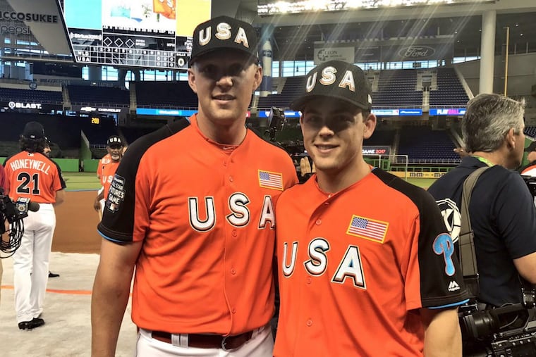 Phillies prospects Rhys Hoskins (left) and Scott Kingery representing the Phillies at the Futures Games in Miami.