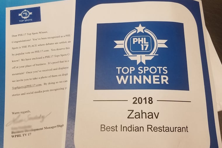 PHL 17 sent this notification to Zahav restaurant about its award as a Top Spots winner.