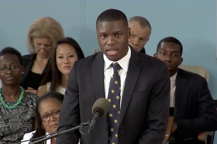 Damilare Sonoiki giving the Harvard Class Day oration in 2013