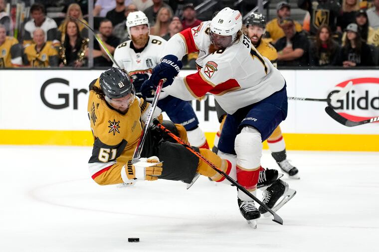 Florida Panthers defenseman Marc Staal (18) checks Vegas Golden Knights right wing Mark Stone during Game 1 of the Stanley Cup Final.