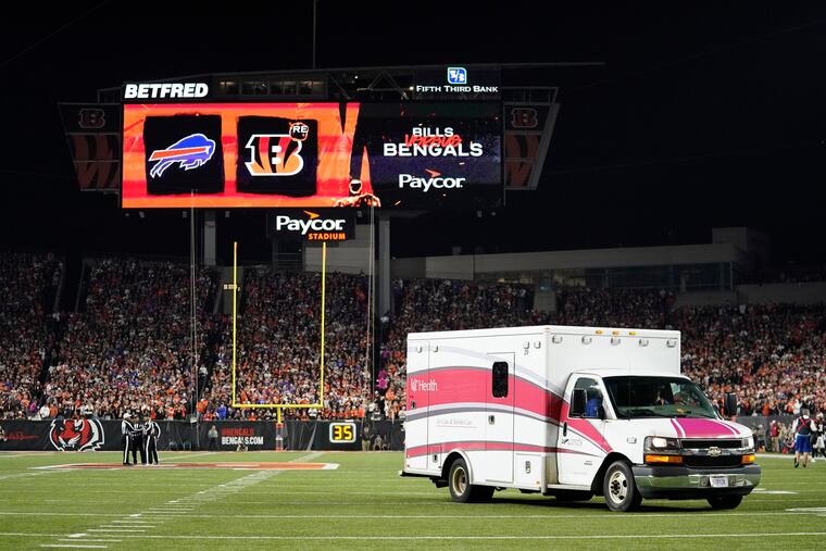 An ambulance leaves the field with Damar Hamlin during Monday's Bills-Bengals game.