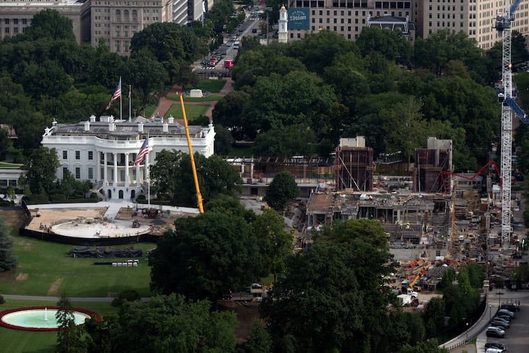 At right, seen this month, the former site of the White House's East Wing, where President Donald Trump wants a ballroom built.