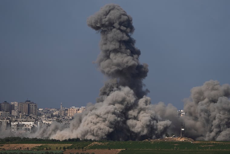 Smoke rises following an Israeli airstrike in the Gaza Strip, as seen from southern Israel, on Friday, Oct. 20, 2023.