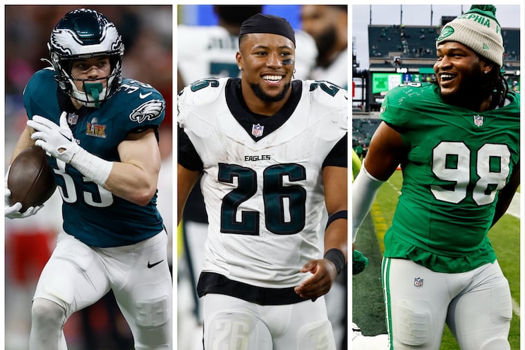 From left: Eagles cornerback Cooper DeJean, running back Saquon Barkley, and defensive tackle Jalen Carter
