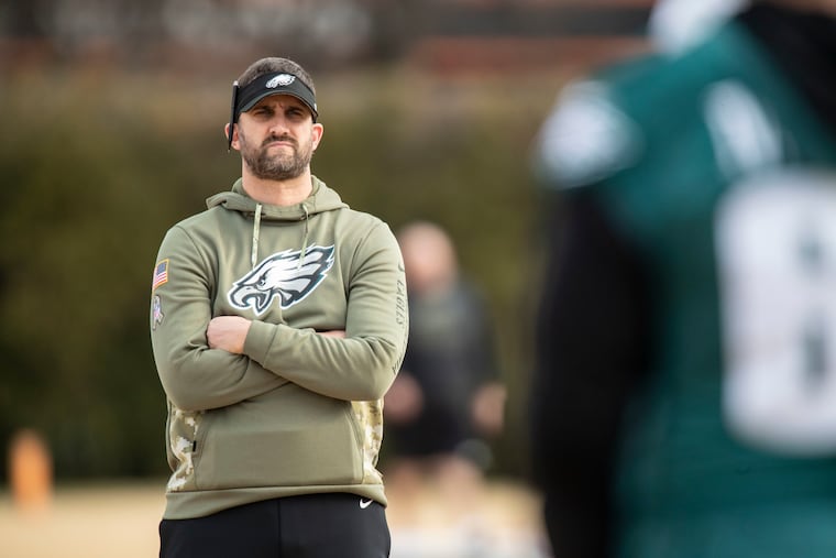 Philadelphia Eagles head coach Nick Sirianni watches practice on Thursday. The Eagles lock up the NFC East and the No. 1 seed with a win against the Giants on Sunday.