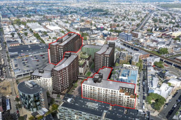 A rendering of the Piazza Alta development, with the not-yet-built Phase Two buildings outlined in red.