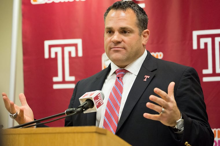 Temple Athletic Director Dr. Patrick Kraft, speaks during a press conference to announce that Temple's Head Football Coach Matt Rhule is leaving Temple for the head caoching job at Baylor, at the Liacouras Center, in Philadelphia, December 6, 2016. JESSICA GRIFFIN / Staff Photographer